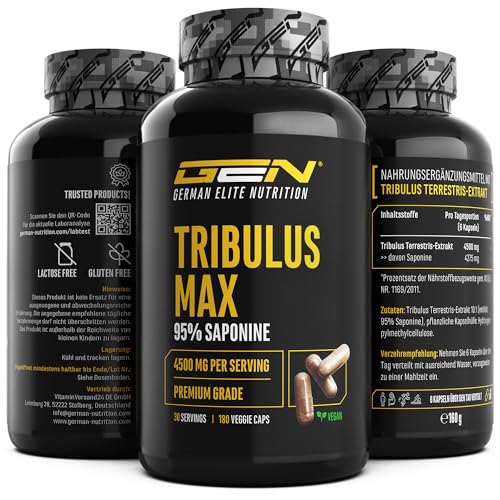Tribulus Max - 180 Kapseln - Hochdosiert mit 4500 mg pro Tagesdosis - Premium: 95% Saponine - Reines Tribulus Terrestris Extrakt 10:1 - Laborgeprüft - Vegan