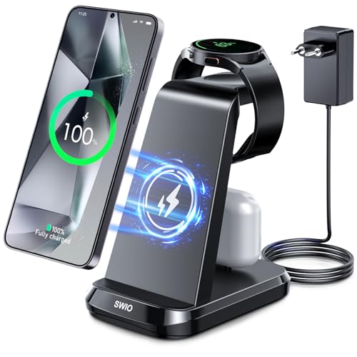 SWIO 3 in 1 Induktive Ladestation kompatibel mit Samsung Watch und Handy,Wireless Charger für Galaxy Watch 7/Ultra/6/5/4/3,Galaxy S25 S24 S23 S22 S21/Note 20 10/Z Fold 4 3(Nicht für Z Flip&A Serie)