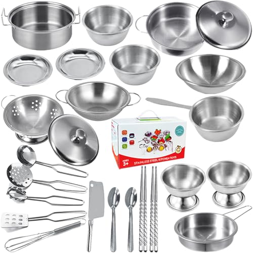 25 PCS Kinderküchen-Spielzeug-Zubehör, Edelstahl-Kochgeschirr, Töpfe Und Pfannen-Set Für Kinder – Mini-Küchen-Spielset, Klassisches Kochutensilien-Spielzeug for Kleinkinder, Colour Box-Verpackung.