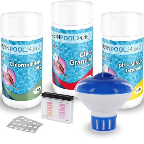 Meinpool24.de Wasserpflege Set Chlor Starterset I 1,0 kg Chlorgranulat schnelllöslich|1,0 kg Chlormultitabs 20 g|1,5kg pH-Minus Granulat|1 Dosierschwimmer|1 Wassertestkit pH/Cl|Wasserpflegeanleitung