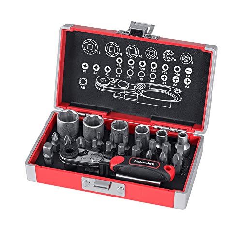 Rothewald Mini-Ratschensatz, Metrisch, 26 Teile, Motorrad-Bordwerkzeug, Ratschen- & Bit-Set, Ideal für Touren & Reisen, Mini Werkzeugkoffer Gefüllt