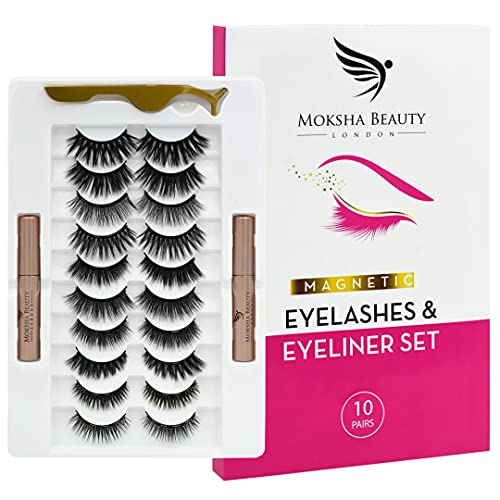 Magnetische Wimpern und magnetischer Eyeliner im Set - Wiederverwendbare künstliche 3D-Wimpern mit Pinzette | Kleberfrei, wasserfester Eyeliner | Natürlicher Look (10 Pairs)