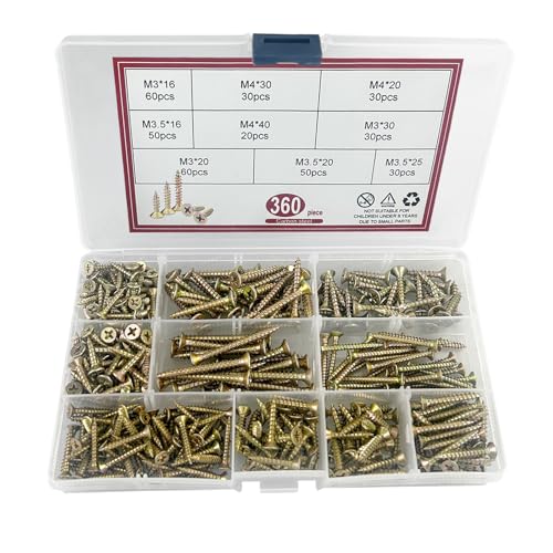 Diompirux 360 PCS Schrauben Gelb verzinkt Set, Selbstschneidende Schrauben mit Senkkopf, flacher Kopf Holzschraube Kit M3/M3.5/M4 mit Aufbewahrungsbox, für DIY-Projekt, Hausgemachte, Reparatur