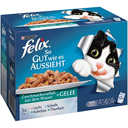 Felix Katzennassfutter So gut wie es aussieht in Gelee Geschmacksvielfalt aus dem Wasser, 6er Pack (6 x 12 x 100g) Portionsbeutel
