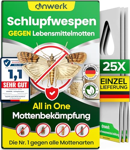 anwerk® Schlupfwespen gegen Lebensmittelmotten - 25 Karten à 1 Lieferung - Effektiv Lebensmittel Motten bekämpfen - Alternative zur Mottenfalle, Mottenspray, Pheromonfalle (25x Karten à 1 Lieferung)