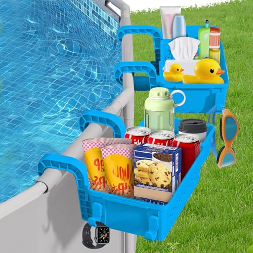 Gemsaya 2 Stück Pool Aufbewahrungskorb, Hängender Pool Seitenkorb mit Getränkehalter, Multifunktionaler Oberirdischer Poolkorb Zubehör für Poolspielzeug und Handtücher Getränke, Blau