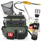 Zite Fishing Multi-Angelkoffer 3-in-1 Set | Angelrucksack + Kescher Gummiert + Hakenlöser + Fischtöter + Thermoskanne 1 Liter Doppelwandig | Angelzubehör Set | Sitzkiepe & Thermosflasche