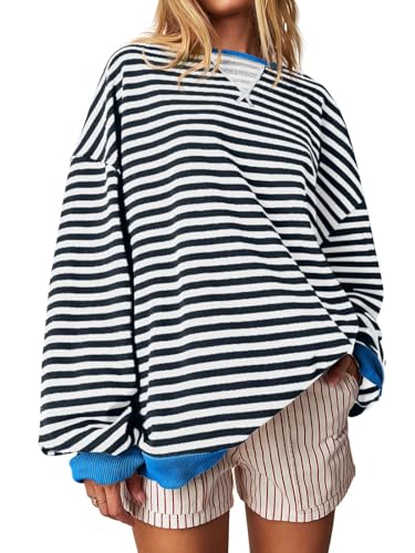 Imily Bela Sweatshirt Damen Gestreift Pullover Oversized Langarmshirt Rundhals Ohne Kapuze Pulli Striped Shirt Y2K Oberteile Tops.Schwarz.L