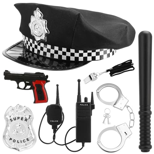 Kaisibum 7 Stück Handschellen Kinder Polizei Set, Polizei Kostüm Kinder Ausrüstung mit Hut Handschellen Abzeichen und Anderes Zubehör für Karneval, Mottoparty, Cosplay Polizei