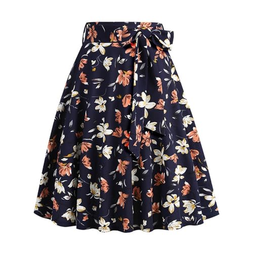 Retro Stil Lässig Mit Blumenmuster Und Gürtel Rock A Linien Knielang Elegante Damenrock Frühling Sommer Modisch Damen Verbandsrock Im Französischen Midi Lang Atmungsaktiv Freizeitrock (Blue, L)