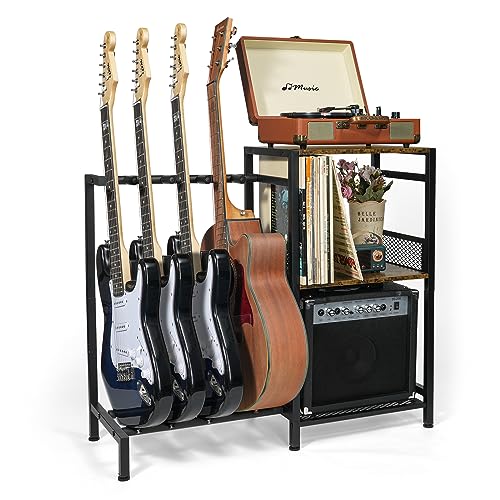 ikkle Gitarrenständer Mehrere Gitarrenständer mit 3 Etagen Plattenspieler-Ständer Gitarren Bodenständer mit Vinyl Schallplatten Schrankhalter für Akustik-, E-Gitarre, Bass, Gitarrenständer-Halterung