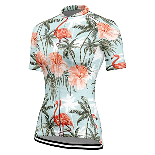 Chickwin Radtrikot Damen Kurzarm Top, Flamingo Drucken Sommer Fahrradtrikot MTB Elastische Fahrradbekleidung Fahrrad Top T Shirt Atmungsaktive Cycling Jersey Bekleidung