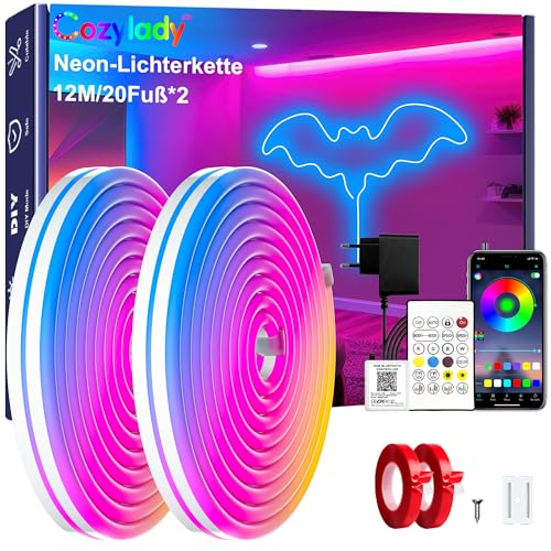 Cozylady 12M(2 Rollen 6M) RGB Neon LED Strip, Flexible Streifen Mit starkem Doppelklebeband ausstatten,24V LED Leuchtseile mit App/Fernbedienung anwendbar auf Schlafzimmer,Raum & Außendekoration.