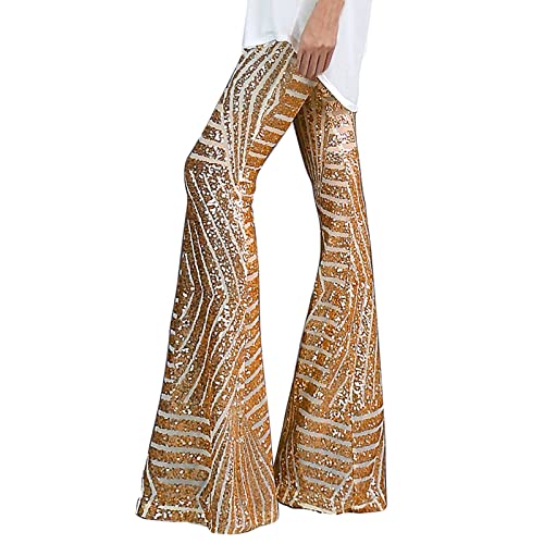 Glitzer Strumpfhose Damen Festival Pailletten High Waist Bootcut Hose Mit Mode Glänzend Hight Taille Discotanz Lang Hosen Party Strassenmode Weites Bein Elastisch Elegant Outdoorhose (Khaki, S)