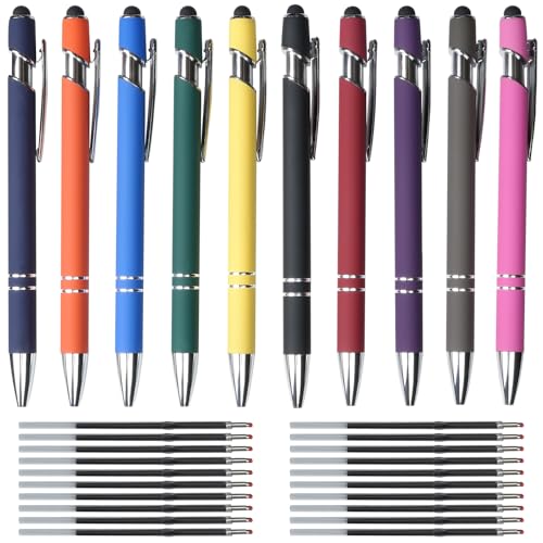 Hengxinchen Kugelschreiber Hochwertig, 10 Stk Super Haltbar Druckkugelschreibe mit 20 Stk Nachfüllungen, Kugelschreiber Set Bunte, 2 in 1 Ergonomische Kugelschreiber mit Touchpen für Büro und Haushalt