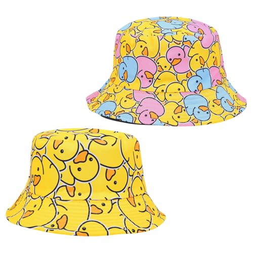 SAIIURV 2 Stück Enten Reversibel Fischerhut für Damen Herren, Wendbares Fischerhüte Modisch Sommerhut Hut, Faltbar Anglerhut Doppelseitig Retro Thema Eimer Hüte für Tägliche Karneval