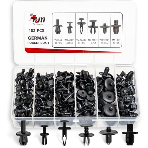 T&M TECHNICS® Box 152 Universalbefestigungen, Klammern, Clips und Kunststoffnieten für Deutsche Autos, Motorroller und Motorräder–Türverkleidung Stoßstange Kühlergrill Motorhaube-German Pocket Box 1