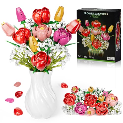 Blumen Bausteine Bausatz, Botanicals Rosen und Tulpen - 13 teiliger Blumenstrauß aus Bausteinen mit Blumen, als Geschenk zu Valentinstag, Muttertag oder Geburtstag, Für Mädchen und Jungen 6+