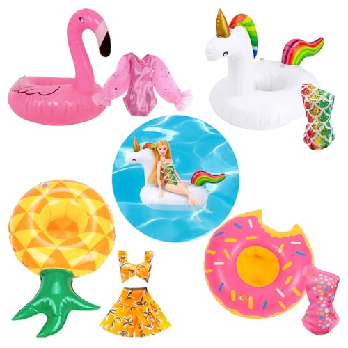 Toclsixz 8 Puppen Kleidung und zubehör Kompatibel mit Barbie, Puppen schwimmset einschließlich Badeanzug und Flamingo Pool zubehör für 30cm Puppen