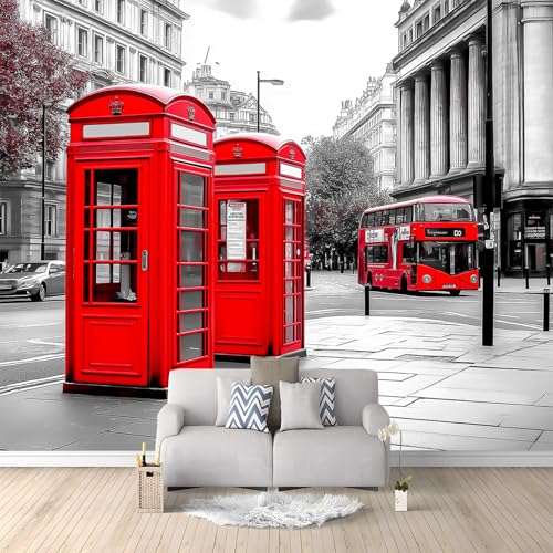 3D Fototapete Vliestapete Modern Telefonzellen Busse – Moderne Wanddeko Für Wohnzimmer, Schlafzimmer, Kinderzimmer Oder Büro – Geruchsfrei, Xxl Wandbild 350 X 256 Cm Rot Grau