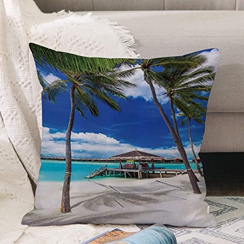 Kissenbezug 45x45 cm,Strandbude Leere Hängematte zwischen Palmen Strand mit lebendigem Somm,Outdoor Kissen Kissenbezüge Kissenhülle Sofa Kissen dekokissen Zierkissen für Wohnzimmer Garten deko draußen