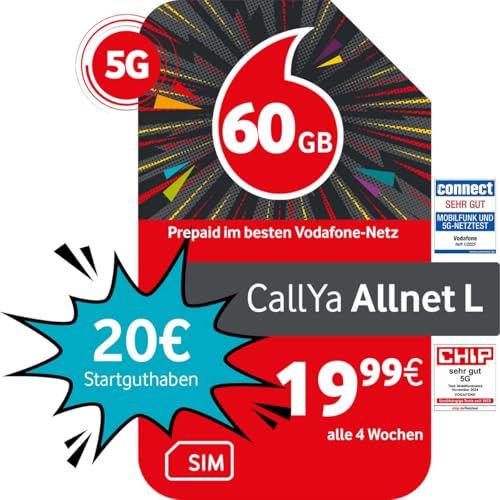 Vodafone Prepaid CallYa Allnet L | 60 GB | 20 EUR Startguthaben | ohne Vertrag | 5G-Netz | Telefon- SMS-Flat | EU-Roaming