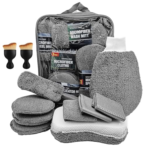 KOOSREEL 11Pcs Auto Reinigungsset, Autowäsche Set Auto Waschen Set mit Reifenbürste,mehrzweck-reinigungstüchern, polierpad, und Schwamm,innenreinigung weiche bürste, für automovie