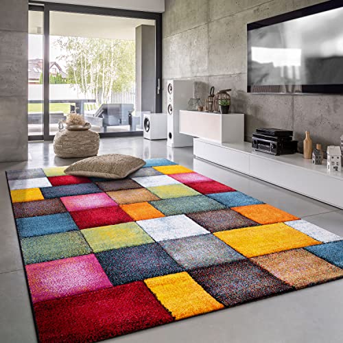 Paco Home Teppich Wohnzimmer Kinderzimmer Kurzflor Moderne 3D Optik Kariert Geometrische Muster, Grösse:120x170 cm, Farbe:Bunt