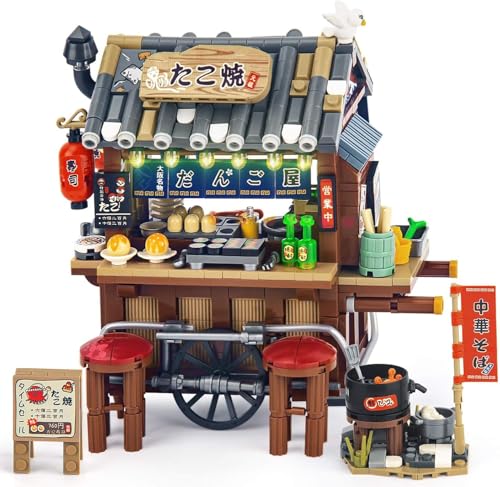 HIGH GODO Japanisch Straßenstand Tako-Yaki Karren Shop Mini Bausteine, 951 Teile Japan Straßenansicht Deko Modell Klemmbausteine Set, Creative Ostern Geschenke für Sammler Erwachsene oder Jugendliche