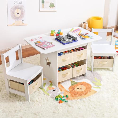 Yorbay Kindertisch mit 2 Stühle, Kindertisch mit Stauraum, 3tlg Kindersitzgruppe, Sitzgruppe für Kinder, Maltisch für Kinderzimmer, Spielzimmer, Vorschüler, Kindermöbel,Weiß