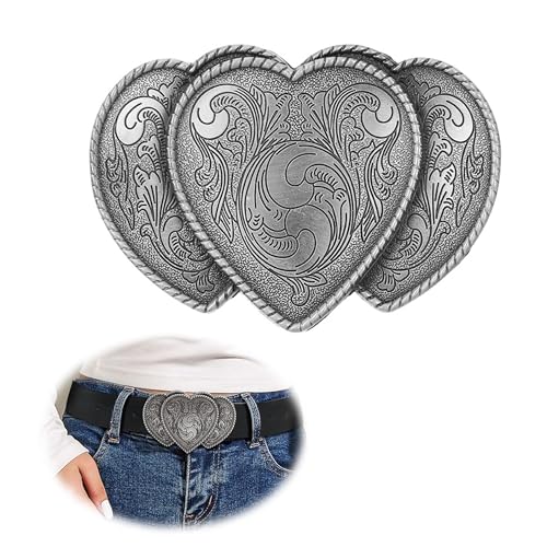 CHENNAN 40 mm Gürtelschnalle Mit Herz-Motiv Gravierte Gürtelschnalle mit Blumenmuster Western-Herz-Gürtelschnallen Vintage Floral Taillengürtelschnalle für Männer und Frauen, 1 Stück (Silber)