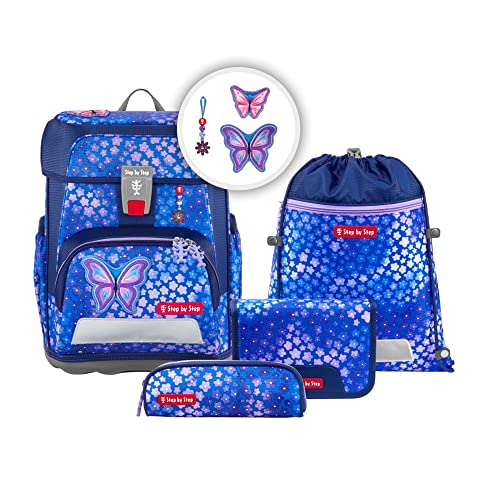 Step by Step Schulranzen-Set Cloud „Butterfly Maja“ 5-teilig, ergonomischer Tornister, höhenverstellbar mit Hüftgurt, für die Grundschule, ab der 1. Klasse, 19L, blau-rosa, Schmetterling