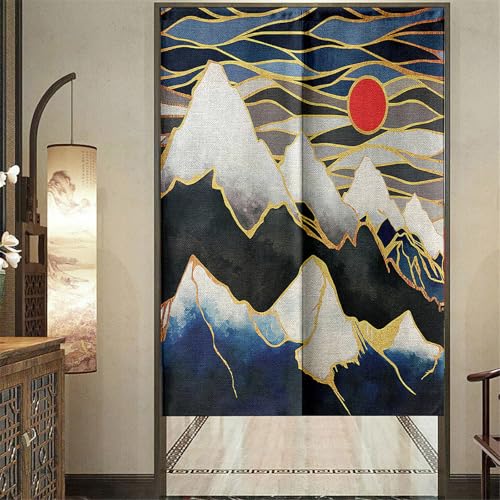 Surwin Türvorhang Berg Landschaft Japan Noren Raumteiler Tapisseri Traditioneller Leinen Lang Vorhänge Partition Gardinen Tür Vorhang Tapisseri für Küche Restaurants (Sonne,65x90cm)