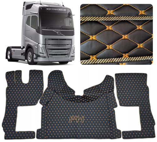 Auto Teppich für LKW Fahrerkabine Set kompatibel mit VOLVO FH4 FH5 FH Aero (Schwarz, goldener Näht)