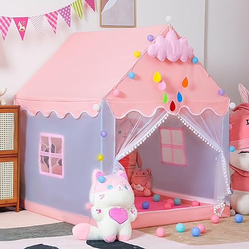 Kinderzelt für Drinnen mit Verdickten Krabbelmatte Kugellichtern und Wolkenornamenten,Spielzelt Kinder Indoor Rosa und Blaugrau,Kinderspielhaus in Form eines Hauses,Kinderzelt Spielhaus Kinder Indoor