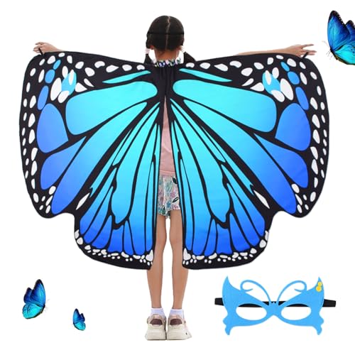 BETESSIN Schmetterling Umhang Kostüm Mädchen mit Maske Schmetterlingsflügel Kinder mit Strassdruck Halsband Faschingskostüm Schmetterling Cape Poncho Halloween Fasching Party Cosplay Groß Blau
