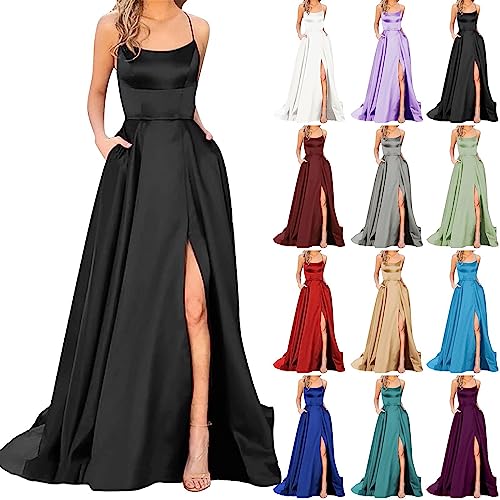 Abschlussball Kleider Damen Abendkleid Lang Schwarz mit Schlitz Satin Neckholder A-Linie Sexy Rückenfreies Kleid Brautjungfernkleider Cocktailkleid Festlich Wickelkleid Elegant Für Hochzeit