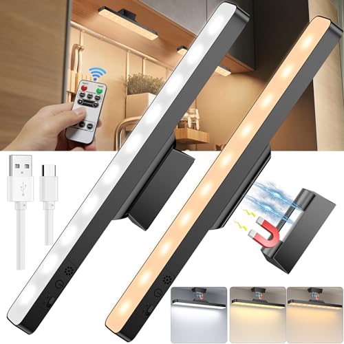Unterbauleuchte Küche LED, 2 Stück Aufladbar LED Lichtleiste mit Fernbedienung, Touch Dimmbare Schrankbeleuchtung Kabellos, 3200mAh küchen Licht für Schreibtische, Schlafzimmer, Schränke und Garderobe