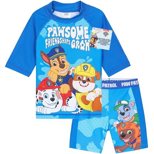 Get Trend Badeanzug Kinder Bademode 2 Teiliges Set mit Badehose Jungen und Schwimmshirt für Strand Urlaub Schwimmen (5-6 Jahre, Blau Paw Patrol)