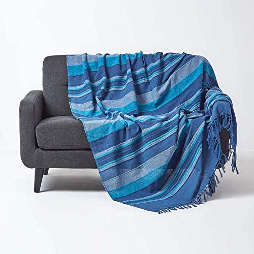 Homescapes Tagesdecke Morocco, blau, Sofa-Überwurf aus 100% Baumwolle, weiche Wohndecke 150 x 200 cm, blau gestreift, mit Fransen