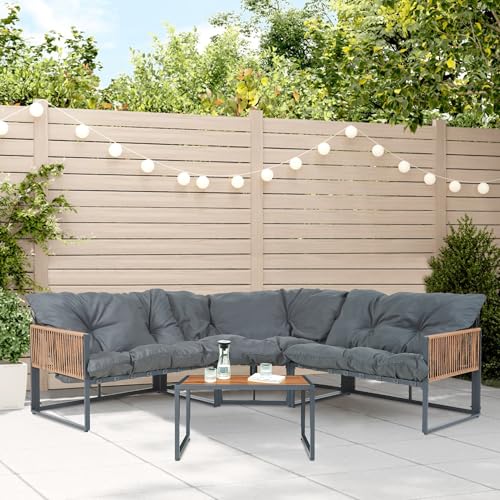 casa.pro Gartenmöbel Set Karg Balkonmöbel Lounge Set 4-teilig Sitzgruppe 3 Sofaelemente mit Couchtisch Outdoor Ecksofa Rattan-Armlehne Kissen wetterfest Dunkelgrau/Rattanoptik