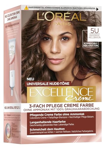 L'Oréal Paris Permanente Haarfarbe für jeden Hautton, Coloration ohne Ammoniak, Universale Nude-Töne mit vollständiger Grauhaarabdeckung, Excellence Creme, Nr. 5U Universal Hellbraun (Braun), 1 Stück