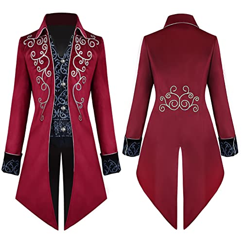Mittelalter Kleidung Herren Frack Jacke Smoking Steampunk Mantel Gothic Männer Captain Jack Sparrow Kostüm Halloween Karneval Faschingskostüme Viktorianisches Renaissance Vikings Gehrock Rot 2XL