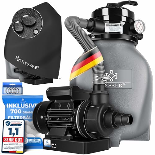 KESSER® Sandfilter Sandfilteranlage + 700g Filterbälle ersetzen 25kg Filtersand-Poolfilter 10 m³/h Filteranlage Filterkessel für Pool Schwimmbecken 4-Wege Ventil, einfache Steuerung, Inkl. Cover, Grau
