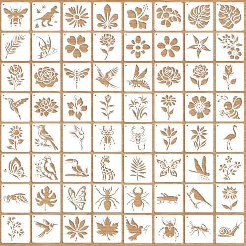 OOTSR 64 Stück Schablonen Wandgestaltung Set, 7.6cm Zeichnung Malschablonen DIY Schablonen der Vogel Blume Insekt Schmetterling, Vorlagen für Scrapbooking Holz Möbel Leinwand Deko