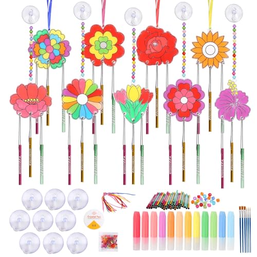 TGFIX 9 Stück Blumen Windspiel Bastelset Muttertag Blume Bemalen Basteln Kinder Best Mama Geschenk Bastelset DIY Mama Geburtstag Muttertagsgeschenke Bastelhandwerk mit Tulpen Rosen