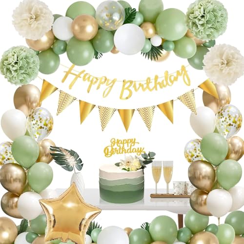 Geburtstagsdeko Grün Gold,Deko Geburtstag Grün Mädchen Junge, Dschungel Kindergeburtstag Deko Avocado Grüne Gold Luftballons, Happy Birthday Banner, Pompons für Männer Frauen Geburtstag Deko