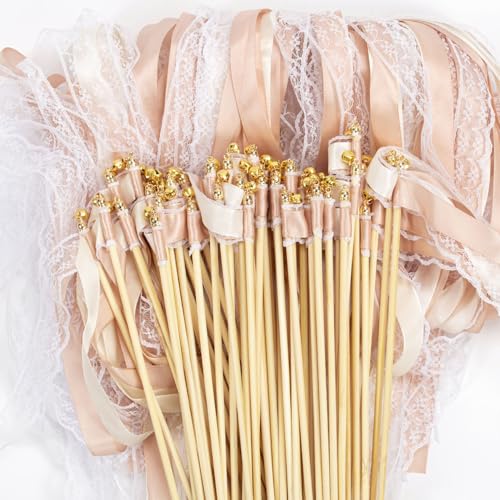 50 Stück Wedding Wands, Wedding Wands Sitzplan Hochzeit Luftschlangen mit Groß Glöckchen und Hochzeitsbändern, Zauberstäbe Seidenfeenstab für Hochzeiten, Geburtstage,Feiertagsfeiern (Champagner)