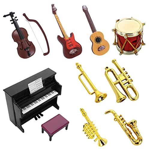 cobee Puppenhaus Miniatur Musikinstrumenten Set, 11 STÜCKE Puppenhaus Mini Musikinstrument Modell 1:12 Klavier Violine E-Gitarre Trompete Saxophon Modell Zubehör für Puppenhaus Mini Musikzimmer