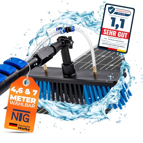 Teleskopwaschbürste zur Reinigung von Solaranlagen und Fenstern | in 4,6 Meter u. 7 Meter Ausführung |+ Wasseranschluss und Seifenspender | Teleskopstange | Photovoltaik | Wintergarten (Bis 4,6 Meter)